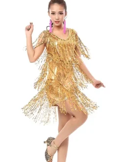 Dance Costumes Latin Dancer Dresses Women Orange Sequined Outfit Dancing Clothes Carnival