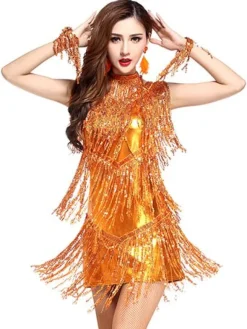 Dance Costumes Latin Dancer Dresses Women Orange Sequined Outfit Dancing Clothes Carnival