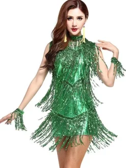 Dance Costumes Latin Dancer Dresses Women Orange Sequined Outfit Dancing Clothes Carnival