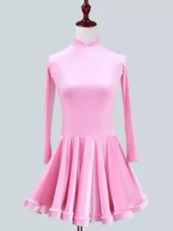 Dance Costumes Latin Dancer Dresses Kids Velvet Long Sleeve Stand Collar Mint Green Ballroom Dancing Wears For Girls Carnival