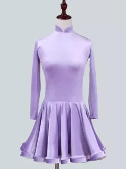 Dance Costumes Latin Dancer Dresses Kids Velvet Long Sleeve Stand Collar Mint Green Ballroom Dancing Wears For Girls Carnival