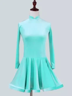 Dance Costumes Latin Dancer Dresses Kids Velvet Long Sleeve Stand Collar Mint Green Ballroom Dancing Wears For Girls Carnival