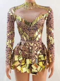Dance Costume Sequins Short Dress Sparkly Ballroom Mirror Women Team Sexy Stage Wear Luxury Dancer Outfit