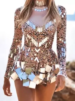 Dance Costume Sequins Short Dress Sparkly Ballroom Mirror Women Team Sexy Stage Wear Luxury Dancer Outfit