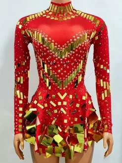 Dance Costume Sequins Short Dress Sparkly Ballroom Mirror Women Team Sexy Stage Wear Luxury Dancer Outfit