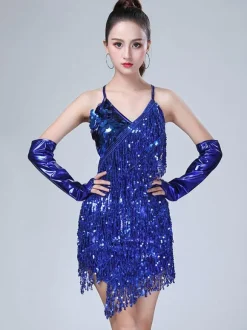 Dance Costumes Latin Dancer Dresses Women Red Sequin Tassels Halter Short Sexy Dancing Wears Outfit Carnival