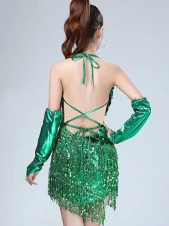 Dance Costumes Latin Dancer Dresses Women Red Sequin Tassels Halter Short Sexy Dancing Wears Outfit Carnival