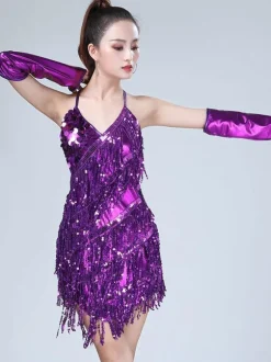 Dance Costumes Latin Dancer Dresses Women Red Sequin Tassels Halter Short Sexy Dancing Wears Outfit Carnival