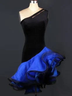 Dance Costumes Latin Dancer Dresses Organza One Shoulder Sleeveless Backless Two Tone Irregular Ruffles Dancing Clothes Hallloween