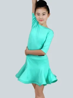 Dance Costumes Latin Dancer Dresses Kids Mint Green Half Sleeve Ballroom Dancing Outfits For Girls Carnival
