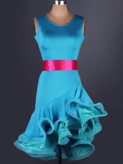 Dance Costumes Latin Dancer Dresses Organza Round Neck Sleeveless Two Tone Irregular Ruffles Sash Dancing Clothes Hallloween