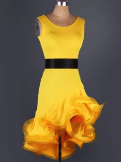 Dance Costumes Latin Dancer Dresses Organza Round Neck Sleeveless Two Tone Irregular Ruffles Sash Dancing Clothes Hallloween