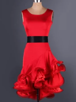 Dance Costumes Latin Dancer Dresses Organza Round Neck Sleeveless Two Tone Irregular Ruffles Sash Dancing Clothes Hallloween