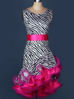Dance Costumes Latin Dancer Dresses Organza Round Neck Sleeveless Two Tone Irregular Ruffles Sash Dancing Clothes Hallloween