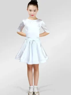 Dance Costumes Latin Dancer Dresses Kids Satin Long Sleeve Round Neck Ballroom Dancing Wears For Girls Carnival