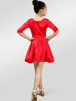 Dance Costumes Latin Dancer Dresses Kids Satin Long Sleeve Round Neck Ballroom Dancing Wears For Girls Carnival