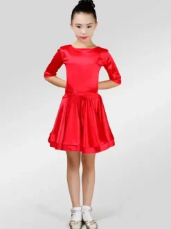 Dance Costumes Latin Dancer Dresses Kids Satin Long Sleeve Round Neck Ballroom Dancing Wears For Girls Carnival
