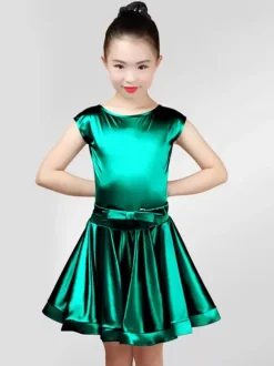 Dance Costumes Latin Dancer Dresses Kids Satin Long Sleeve Round Neck Ballroom Dancing Wears For Girls Carnival