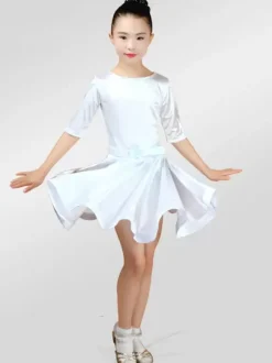 Dance Costumes Latin Dancer Dresses Kids Satin Long Sleeve Round Neck Ballroom Dancing Wears For Girls Carnival