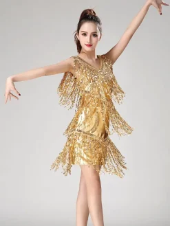 Dance Costumes Latin Dancer Dresses Women Purple Tassels Skirt Dancing Clothing Carnival