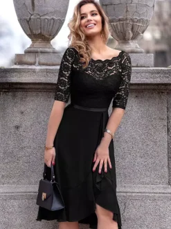 Dark Blue Peplum Short Dress Lace Bodice Boatneck Ribbon Waist Day Dresses