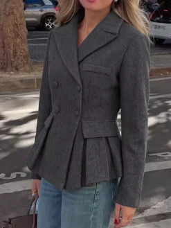 Dark Gray Wool Blend Peplum Blazer Women Double Breasted Lapel Slim Waist Short Suit Jacket