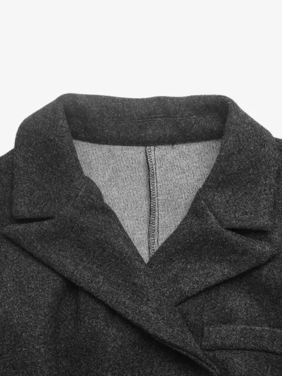 Dark Gray Wool Blend Peplum Blazer Women Double Breasted Lapel Slim Waist Short Suit Jacket