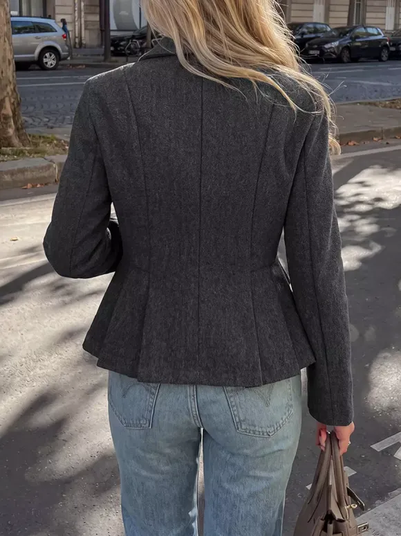 Dark Gray Wool Blend Peplum Blazer Women Double Breasted Lapel Slim Waist Short Suit Jacket