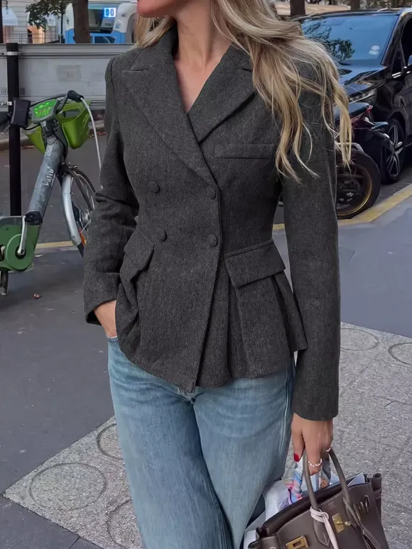Dark Gray Wool Blend Peplum Blazer Women Double Breasted Lapel Slim Waist Short Suit Jacket