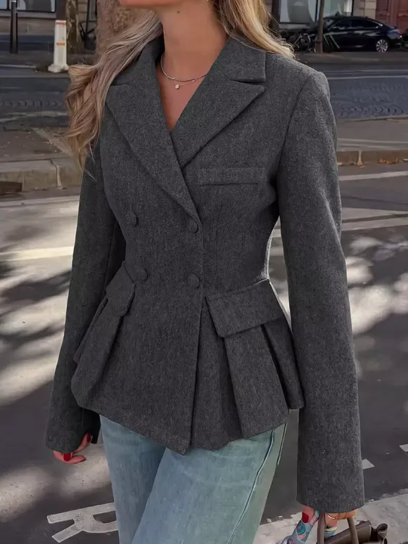 Dark Gray Wool Blend Peplum Blazer Women Double Breasted Lapel Slim Waist Short Suit Jacket
