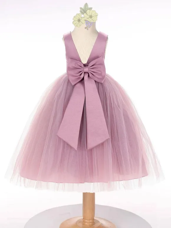 Dark Green Flower Girl Dress Tulle Bows Jewel Neck Sleeveless Kids Birthday Party Dresses