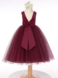 Dark Green Flower Girl Dress Tulle Bows Jewel Neck Sleeveless Kids Birthday Party Dresses