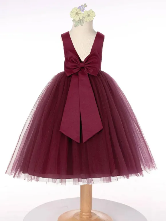 Dark Green Flower Girl Dress Tulle Bows Jewel Neck Sleeveless Kids Birthday Party Dresses