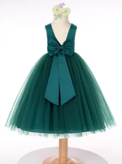 Dark Green Flower Girl Dress Tulle Bows Jewel Neck Sleeveless Kids Birthday Party Dresses