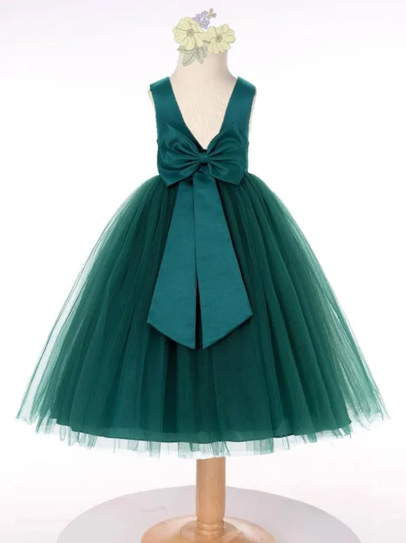 Dark Green Flower Girl Dress Tulle Bows Jewel Neck Sleeveless Kids Birthday Party Dresses