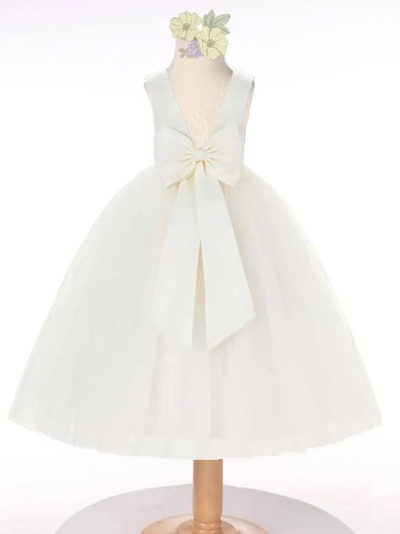 Dark Green Flower Girl Dress Tulle Bows Jewel Neck Sleeveless Kids Birthday Party Dresses
