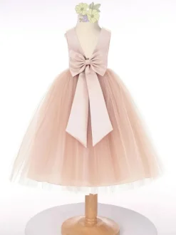 Dark Green Flower Girl Dress Tulle Bows Jewel Neck Sleeveless Kids Birthday Party Dresses