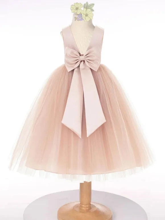 Dark Green Flower Girl Dress Tulle Bows Jewel Neck Sleeveless Kids Birthday Party Dresses