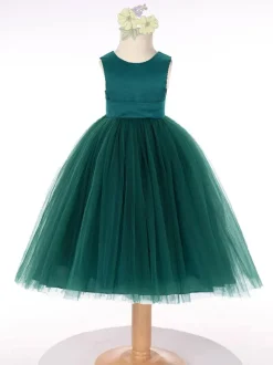 Dark Green Flower Girl Dress Tulle Bows Jewel Neck Sleeveless Kids Birthday Party Dresses