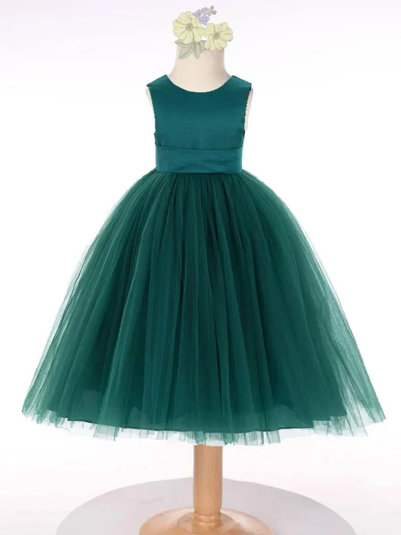 Dark Green Flower Girl Dress Tulle Bows Jewel Neck Sleeveless Kids Birthday Party Dresses