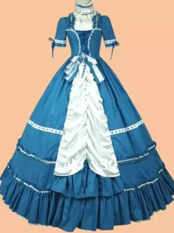 Dark Navy Retro Tudor Dress Costumes Women's Lace Up Bows Polyester Choker Dress Retro Marie Antoinette Costume Vintage Clothing
