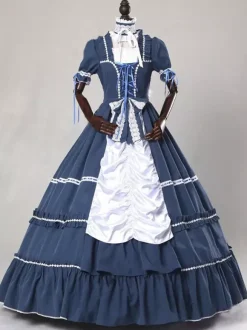 Dark Navy Retro Tudor Dress Costumes Women's Lace Up Bows Polyester Choker Dress Retro Marie Antoinette Costume Vintage Clothing