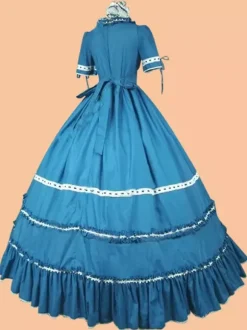 Dark Navy Retro Tudor Dress Costumes Women's Lace Up Bows Polyester Choker Dress Retro Marie Antoinette Costume Vintage Clothing