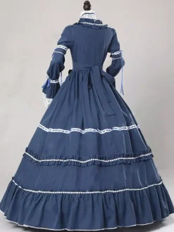 Dark Navy Retro Tudor Dress Costumes Women's Lace Up Bows Polyester Choker Dress Retro Marie Antoinette Costume Vintage Clothing
