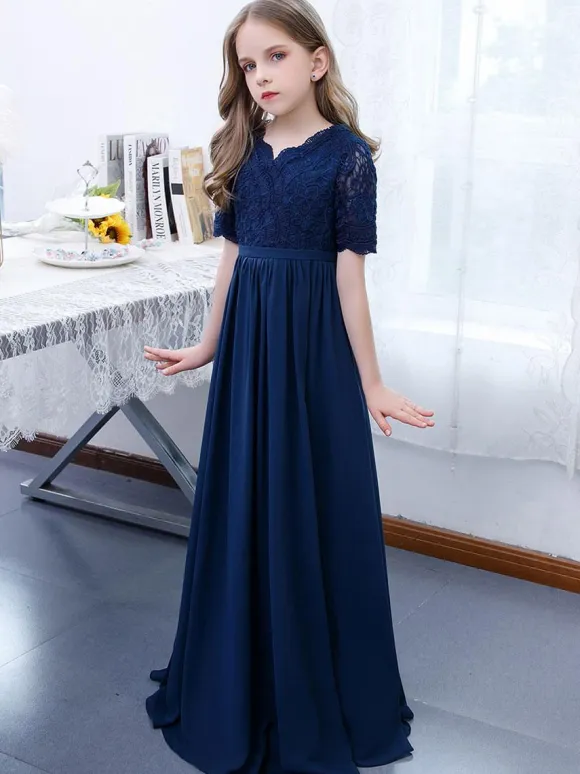 Dark Navy Flower Girl Dress Chiffon Lace V-Neck Short Sleeves Kids Birthday Party Dresses