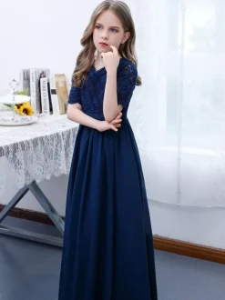 Dark Navy Flower Girl Dress Chiffon Lace V-Neck Short Sleeves Kids Birthday Party Dresses