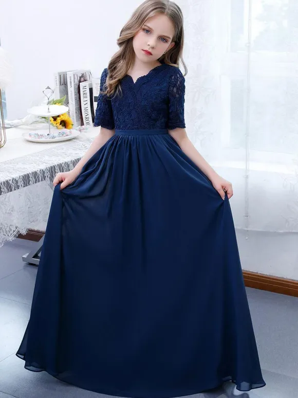 Dark Navy Flower Girl Dress Chiffon Lace V-Neck Short Sleeves Kids Birthday Party Dresses