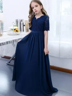 Dark Navy Flower Girl Dress Chiffon Lace V-Neck Short Sleeves Kids Birthday Party Dresses