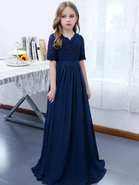 Dark Navy Flower Girl Dress Chiffon Lace V-Neck Short Sleeves Kids Birthday Party Dresses