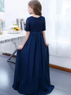 Dark Navy Flower Girl Dress Chiffon Lace V-Neck Short Sleeves Kids Birthday Party Dresses